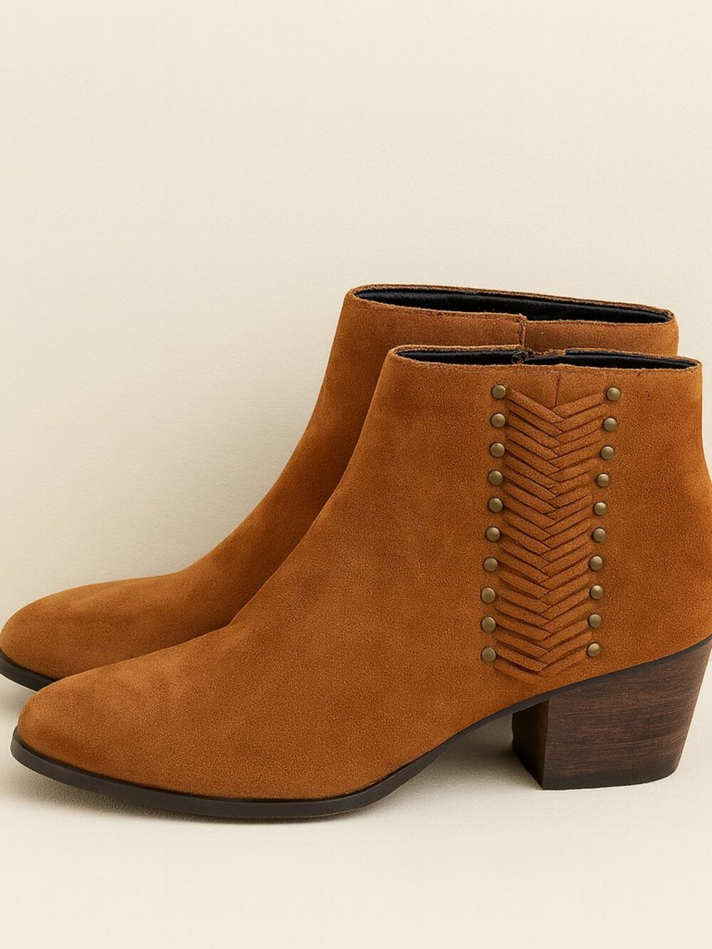 Cognac Suede-Look Ankle Boots | Studded Western Booties | Size 7